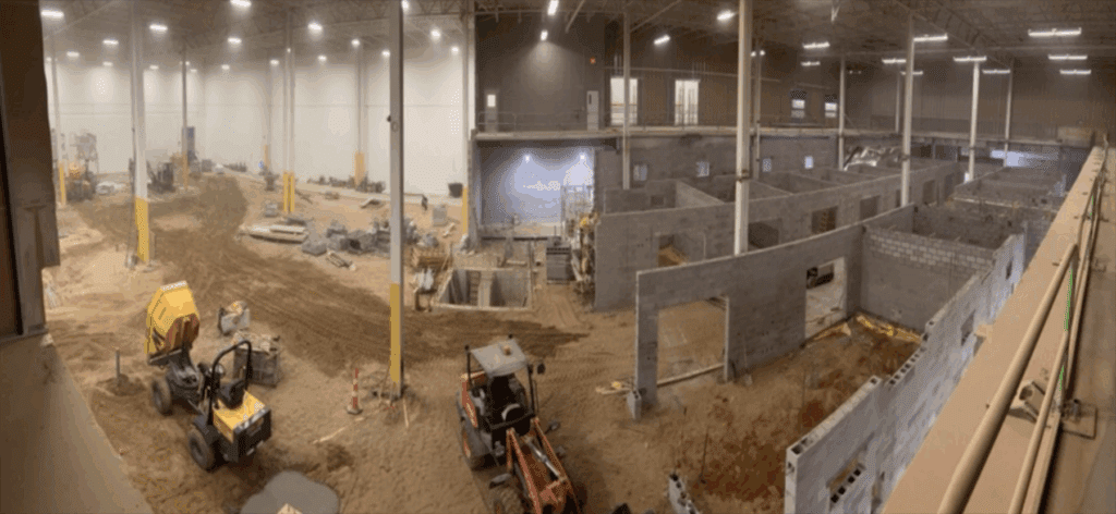 Photo description: A panoramic view of the construction underway at Spaulding.